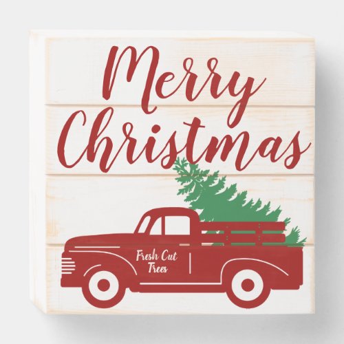 Old Red Truck Merry Christmas Home Decor Wooden Box Sign