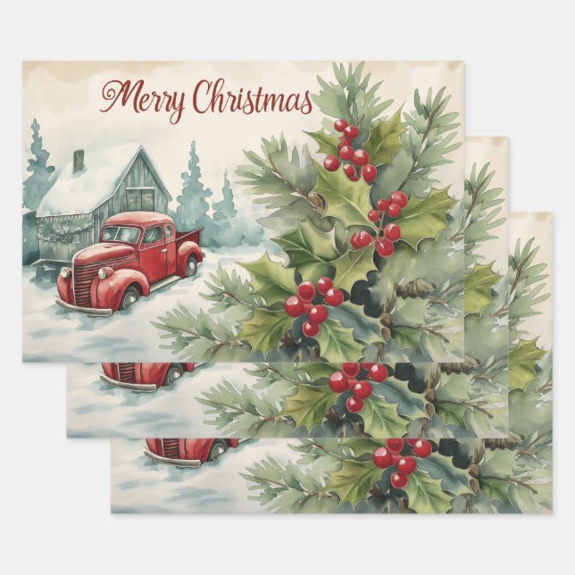 Old Red Truck Merry Christmas  Wrapping Paper Sheets (Set)