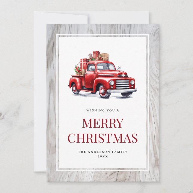 Old Red Truck Rustic Wood Merry Christmas Card (Front)
