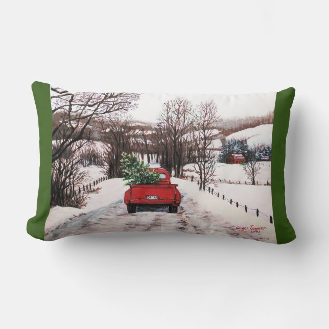 Old Red Truck Snow Christmas Throw Pillow (Front)