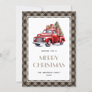 Old Red Truck Tree Plaid Merry Christmas Card