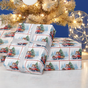 Old Red Truck With Christmas Pine Wrapping Paper