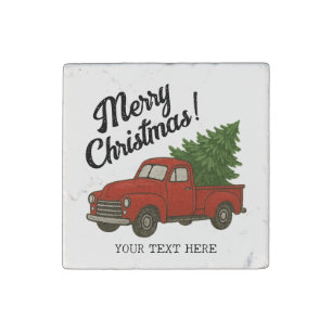 Old red truck with Christmas tree custom Stone Magnet