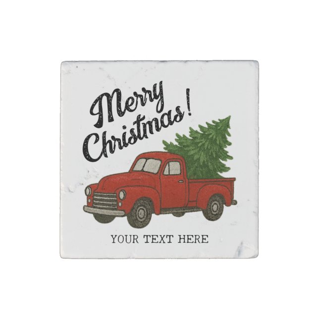 Old red truck with Christmas tree custom Stone Magnet (Front)
