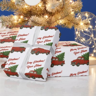Old red truck with Christmas tree custom Wrapping Paper