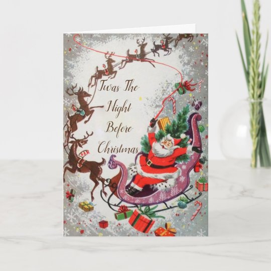 Old Red Vintage Santa Claus Flying Reindeer Sleigh Card Zazzle Com
