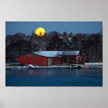 Old red wooden boathouse with full moon poster