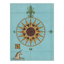 Old Renaissance windrose unicorn flag map print