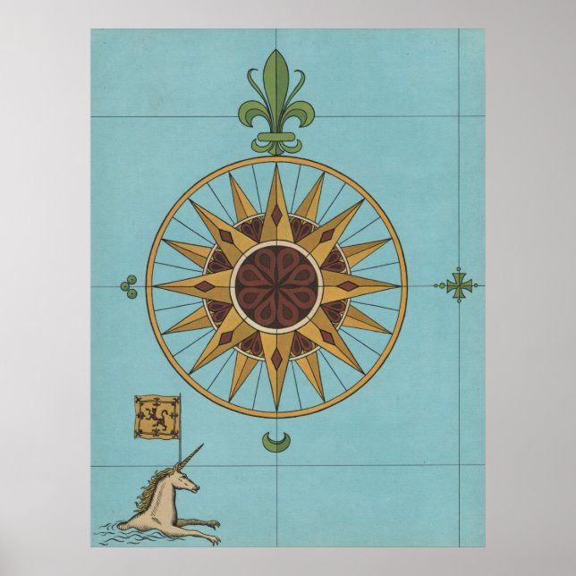 Old Renaissance windrose unicorn flag map print (Front)