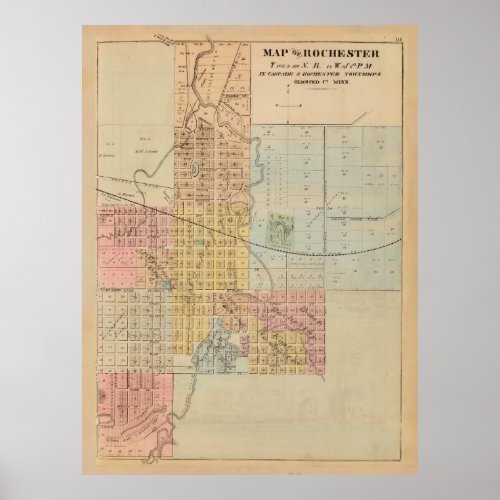 Old Rochester MN Map 1874 Vintage Minnesota City Poster