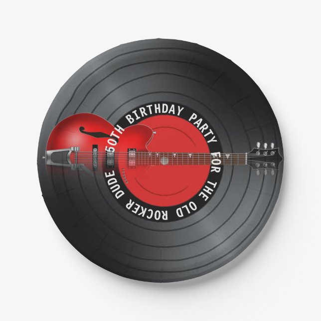 Old Rocker Dude Guitar Record 50th Birthday Party Paper Plates (Front)