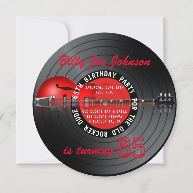 Old Rocker Dude Guitar Record 65th Birthday Party Invitation (Front)