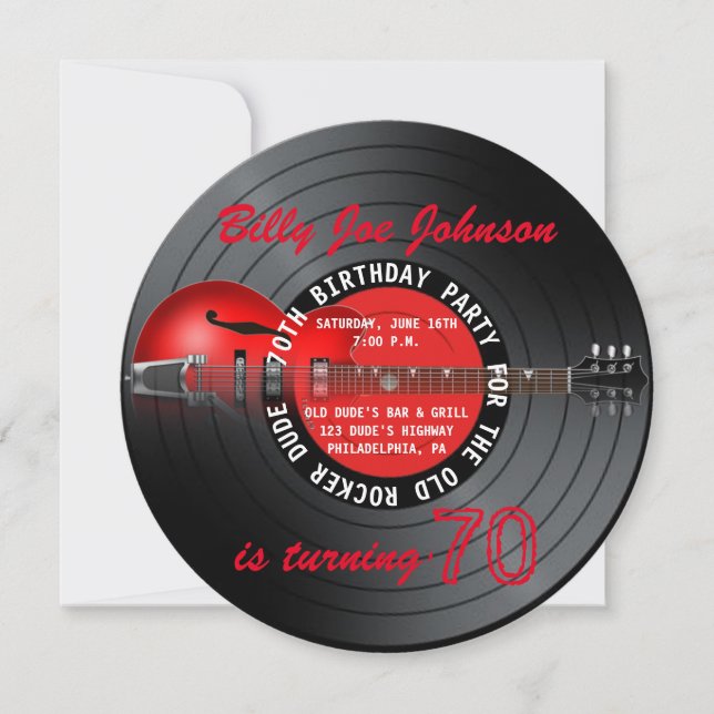 Old Rocker Dude Guitar Record 70th Birthday Party Invitation (Front)