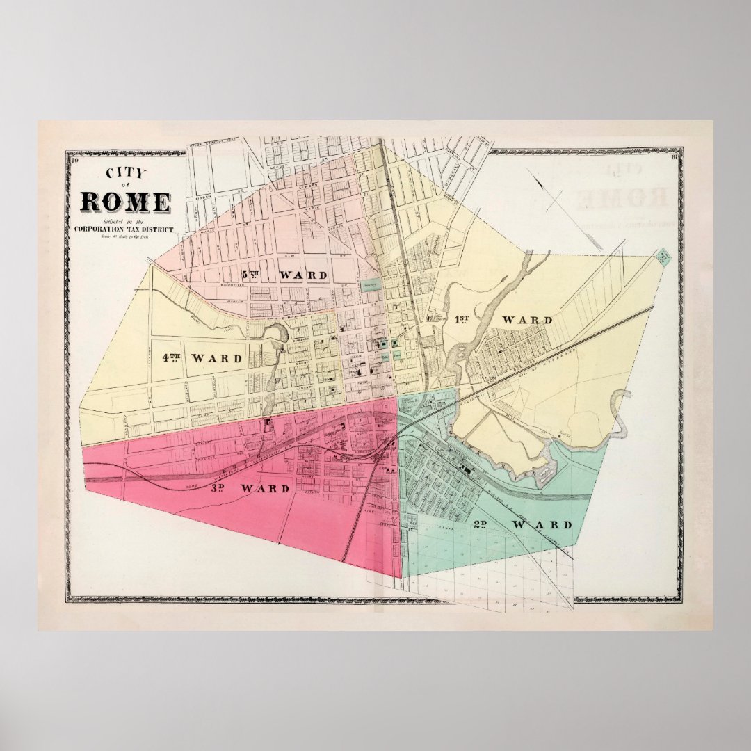Old Rome NY Map (1874) Vintage Copper City Poster Zazzle