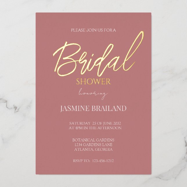 Old Rose Modern Simple Bridal Shower Gold   Foil Invitation (Front)