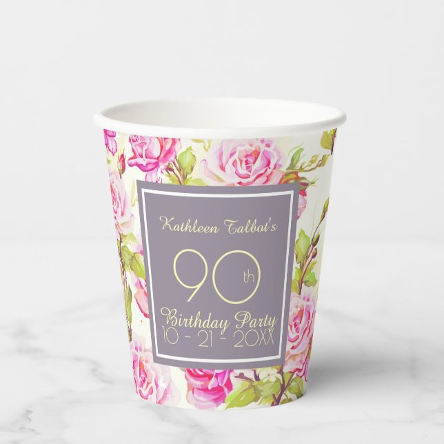 Old Roses 90th Birthday Party Paper Cup (Front)