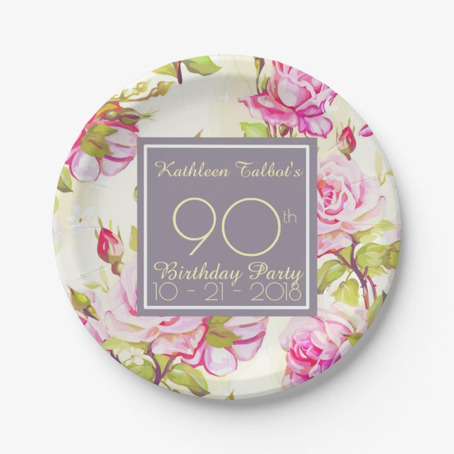 Old Roses 90th Birthday Party Paper Plate (Front)