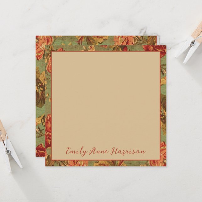 Old Roses on Green Square Note Card Personalized (Front/Back In Situ)