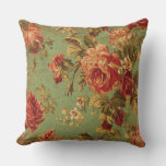 Old Roses On Green Square Pillow at Zazzle