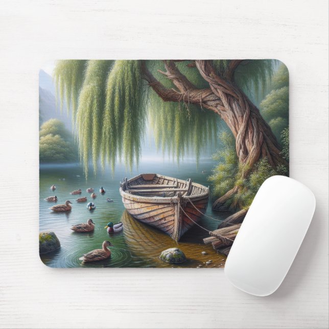 Old Rowboat Tied Under a Willow Tree Mouse Pad (With Mouse)