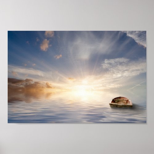 Old rowing boat adrift at sea poster