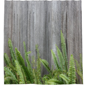 Old Rustic Cedar Fence with Green Ferns Shower Curtain