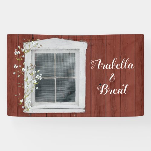 Old Rustic Red Barn White Window Jasmine Flowers Banner