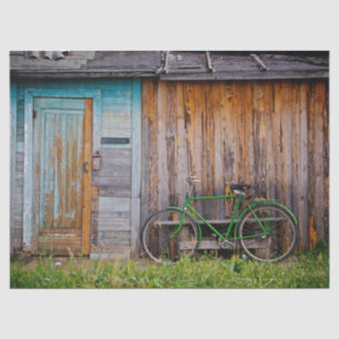 Old Rustic Shed with a Bicycle Leaning on Wall Tissue Paper