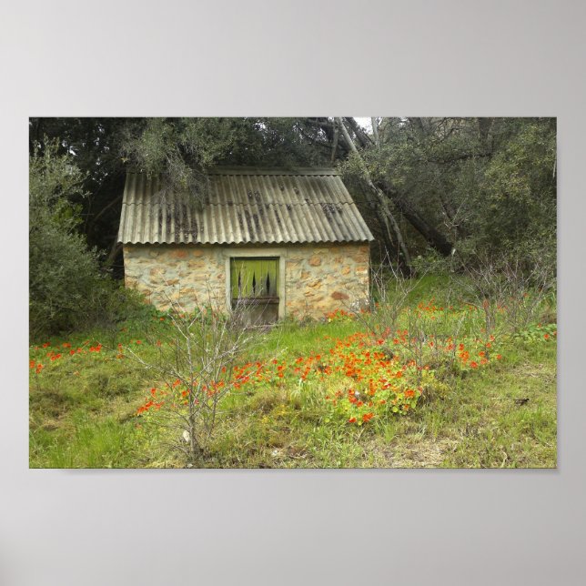 Old Rustic Stone Cottage Flowers Meadows Poster (Front)
