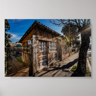 Old Rustic Wooden Shed with Sun Rays, Rusty Gate a Poster