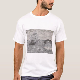 Old Sailing Sea Ship at Night Next to a UFO Flying T-Shirt