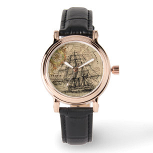 Old Sailing Ship and Map Wrist Watch