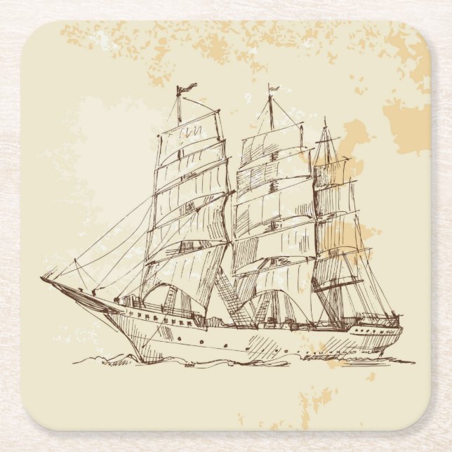 Old Sailing Ship Sketch Square Paper Coaster (Front)