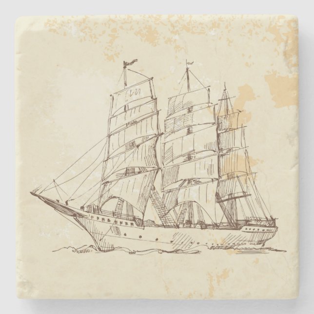 Old Sailing Ship Sketch Stone Coaster (Front)