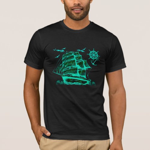 Old sailing ship with green graphics T_Shirt