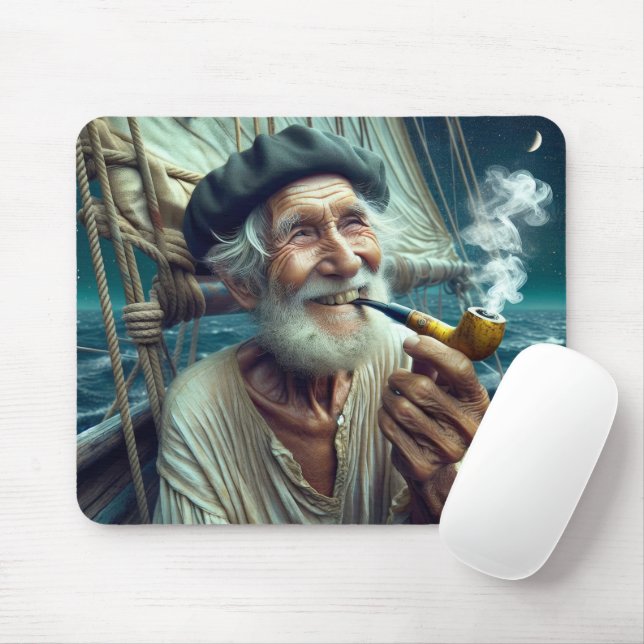 Old Sailor On A Sailboat Smoking a Pipe Mouse Pad (With Mouse)