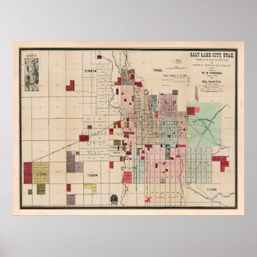 Old Salt Lake City UT Map 1889 Vintage SLC Utah  Poster