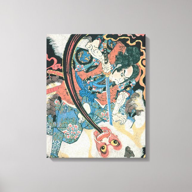 Old Samurai Killing a Monster Painting Canvas Print (Front)