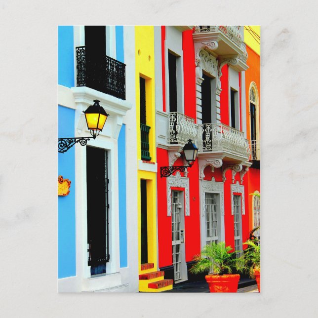 Old San Juan - Vibrant Row Houses dot the streets Postcard (Front)