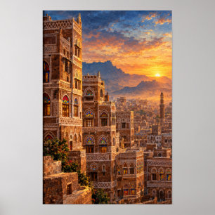 Old Sana'a at Dawn - Yemeni Heritage Architecture Poster
