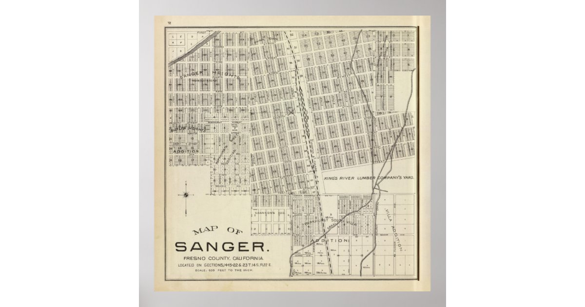 Old Sanger CA Map (1891) Poster Zazzle