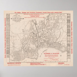 Old Santa Cruz CA Map (1909) Vintage Surf City  Poster