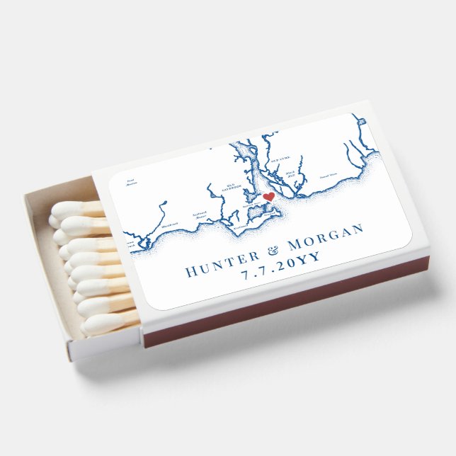 Old Saybrook Connecticut Navy Blue Elegant Wedding Matchboxes (Front Open)