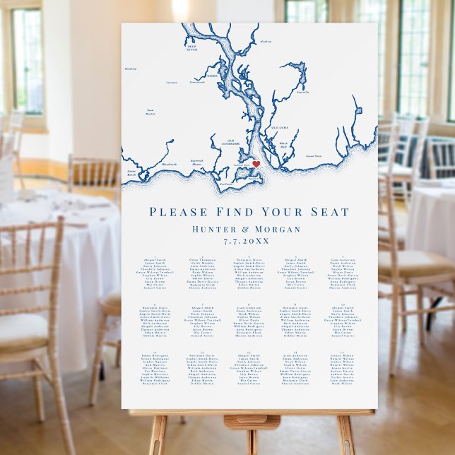 Old Saybrook CT Map 15 Table Wedding Seating Chart Foam Board ( Saybrook Point CT Map Wedding Seating Chart Table Plan - 15 tables - navy blue. Coastal Map Designs)