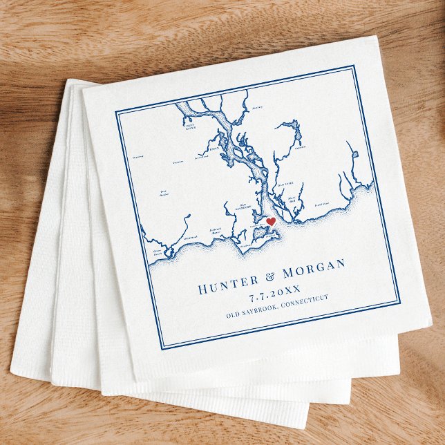Old Saybrook CT Map Elegant Navy Blue Wedding Napkins (Saybrook Point CT Wedding Map Napkins in elegant navy blue from Coastal Map Designs)