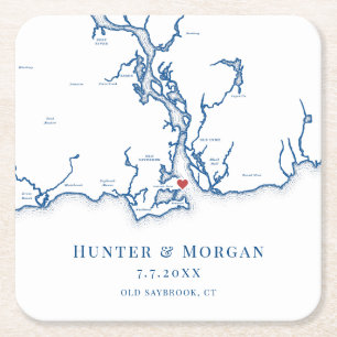 Old Saybrook CT Map Navy Blue Wedding Square Paper Coaster