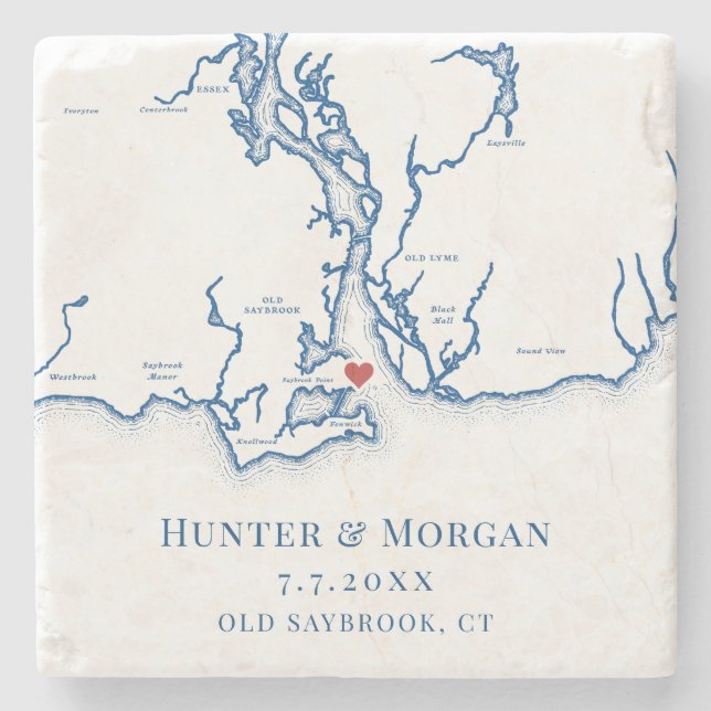 Old Saybrook CT Map Navy Blue Wedding Stone Coaster (Front)