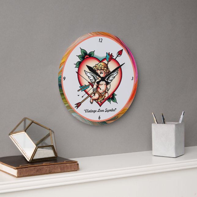 Old-School Cupid Tattoo Style Large Clock (Office)