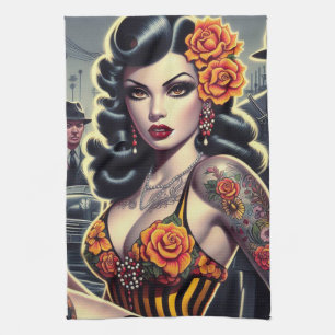Old School Cute Goth Girl Kitchen Towel