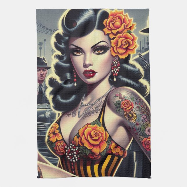 Old School Cute Goth Girl Kitchen Towel (Vertical)